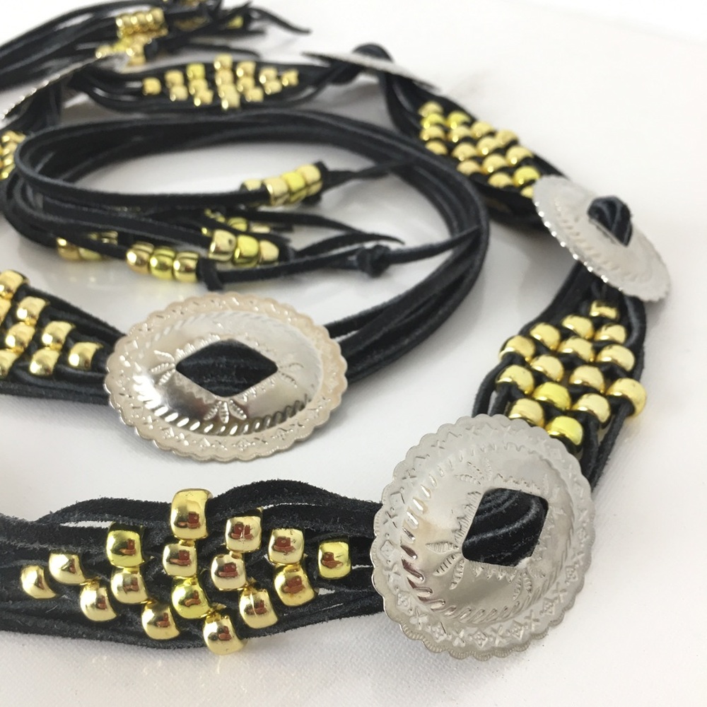 Vintage Boho Western Leather Concho Belt Black Silver Beaded Cowgirl - Picture 12 of 13